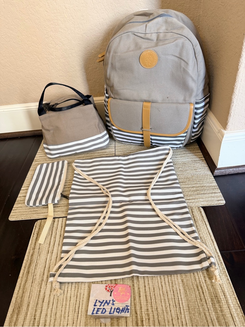 Gray and White Striped Backpack Set
